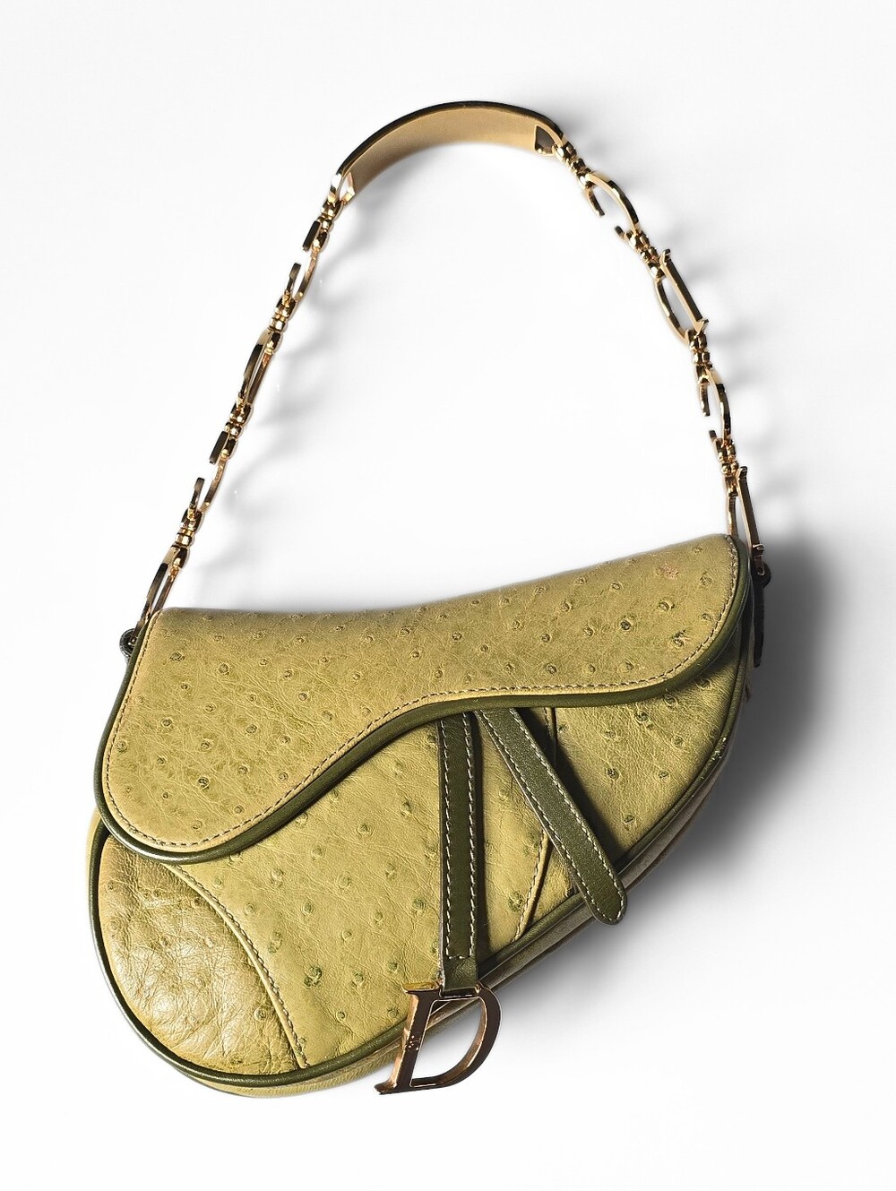 Dior Saddle Bag Vintage Green Ostrich Leather Small with C&D Chain Strap